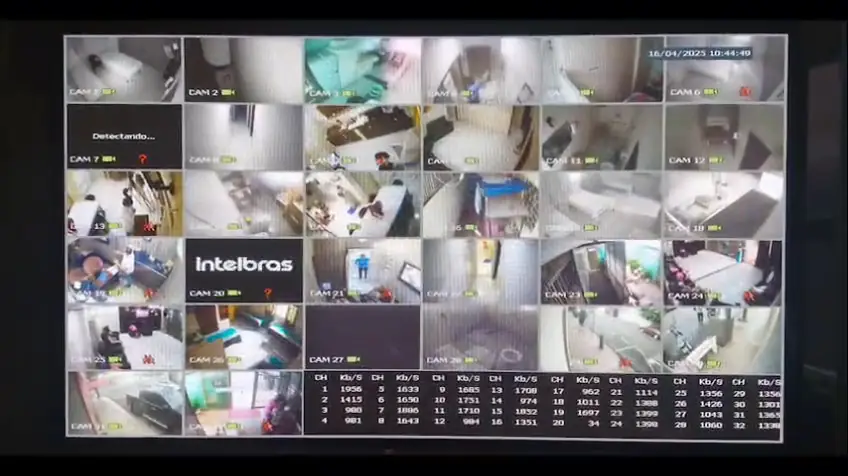 Monitor com as imagens das câmeras da casa em mosaico (quadro do vídeo)